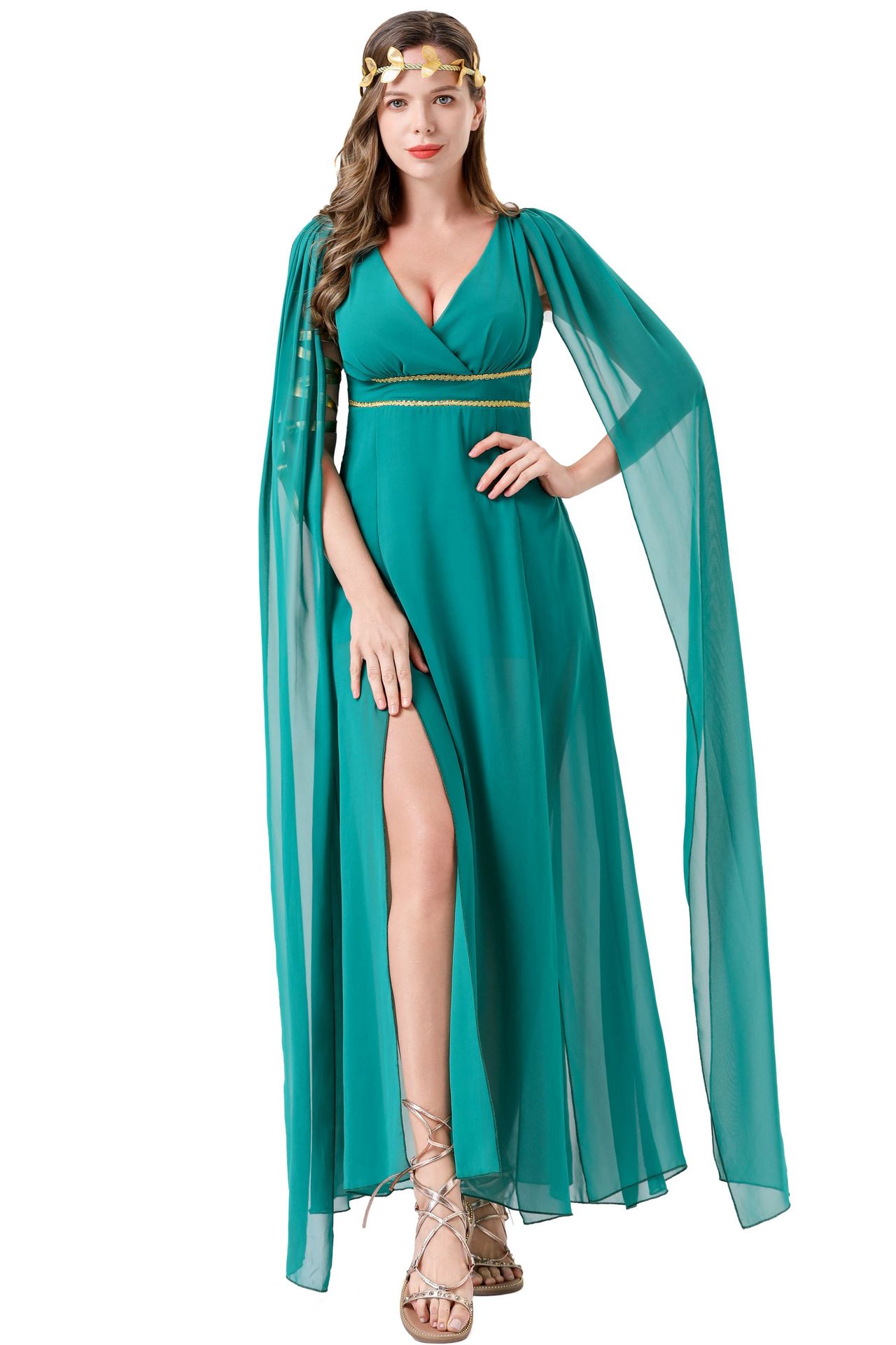 Halloween Cosplay Greek Goddess Dress - Green Chiffon Slit Maxi Gown